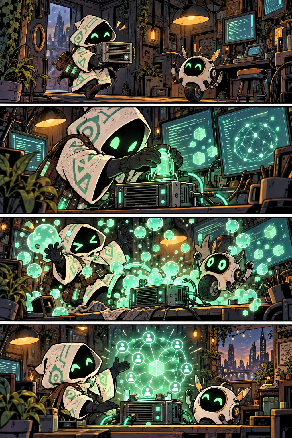 Patch and Bit repair a community network node in four comic panels